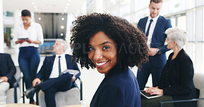 Buy stock photo Smile, meeting and portrait of woman in office for negotiation on real estate law case with clients. Confident, professional and female attorney with team for business property transaction deal.