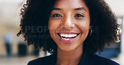 Buy stock photo Portrait, lawyer or happy black woman in office for advocate, confidence or practice in business. Face, legal counsel or attorney clerk at law firm of Kenya for career growth, litigation or justice