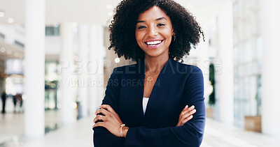 Buy stock photo Portrait, lawyer or happy black woman in office with arms crossed for advocate, confidence or practice. Kenya, legal counsel or attorney clerk at law firm for career growth, litigation or justice