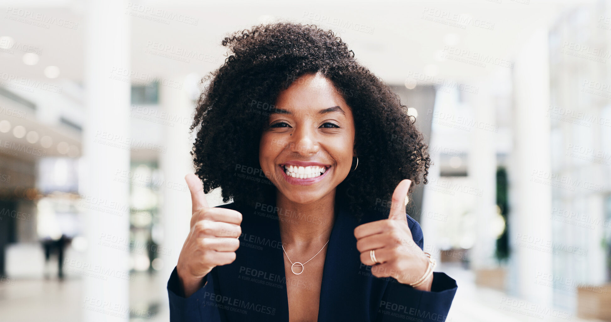 Buy stock photo Portrait, lawyer or black woman in office with thumbs up for advocate, good job or practice review. Happy, legal counsel or attorney at law firm of Kenya for career opportunity, okay sign or justice