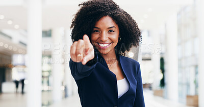 Buy stock photo Business, woman or pointing at you in portrait for hiring selection, job opportunity or recruitment invitation. African person, hr manager or happy with decision, promotion announcement or work offer