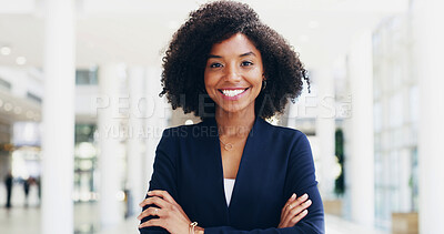 Buy stock photo Happy, lawyer or black woman in portrait with arms crossed for advocate, confidence or practice. Smile, legal counsel or attorney clerk at law firm of Kenya for career growth, litigation or justice
