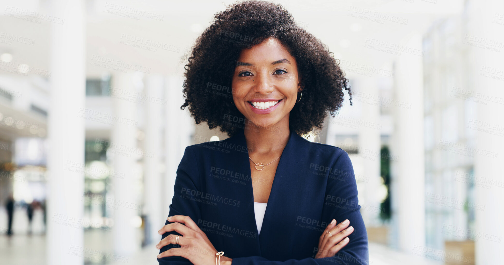 Buy stock photo Happy, lawyer or black woman in portrait with arms crossed for advocate, confidence or practice. Smile, legal counsel or attorney clerk at law firm of Kenya for career growth, litigation or justice
