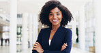Smile, lawyer or black woman in portrait with arms crossed for advocate, confidence or practice. Happy, legal counsel or attorney clerk at law firm of Kenya for career growth, litigation or justice