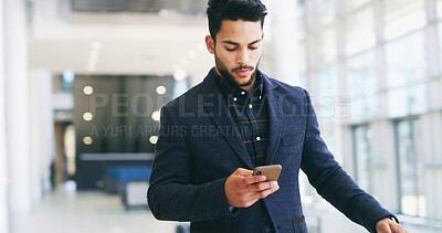 Buy stock photo Reading email, phone and businessman in office with online texting, message and networking. Professional, corporate and worker on smartphone for social media, communication and contact in lobby