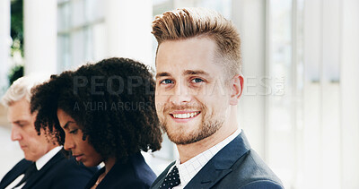 Buy stock photo Man, recruitment and interview waiting room in office, portrait and candidates for hiring. Business, male person and human resources for onboarding process, job search and line of potential employees
