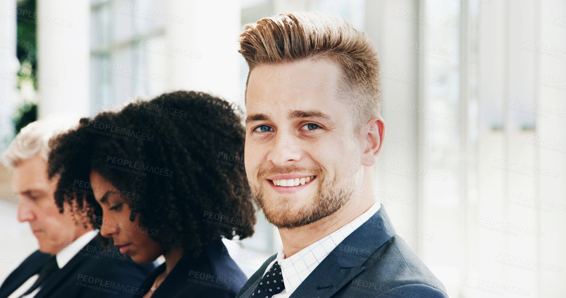 Buy stock photo Man, recruitment and interview waiting room in office, portrait and candidates for hiring. Business, male person and human resources for onboarding process, job search and line of potential employees