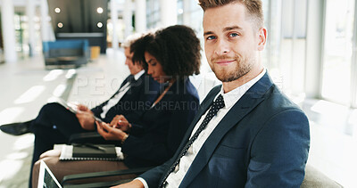Buy stock photo Man, portrait and interview waiting room in office, opportunity and candidates for hiring. Business, male person and human resources for onboarding process, job search and line of potential employees