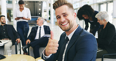 Buy stock photo Business, man and portrait with thumbs up in meeting for corporate funding approval or finance investment success. Financial analyst, lobby and employee with ok hand gesture for partnership agreement