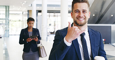 Buy stock photo Business, man and coffee portrait with hand gesture in office for work arrival, greeting and respect. Professional, happy person and hello with shaka sign for welcome, polite and friendly employee