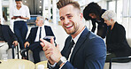 Happy, portrait and businessman with applause in meeting for corporate gathering, workshop or arrival at airport. Face, man or traveler clapping with smile for teamwork, seminar or waiting lounge