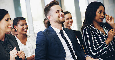 Buy stock photo Man, listening and happy in audience, convention and excited for company goals with cheers. Business people, crowd and together with diversity, success or smile for announcement at insurance agency