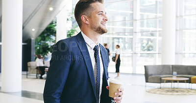 Buy stock photo Businessman, thinking and accountant with coffee in office, planning and finance expert. Workplace, banking employee and problem solving for accounting, espresso cup and investment broker at agency