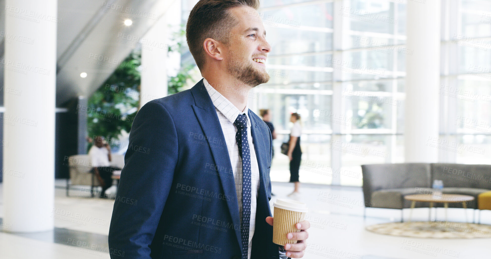 Buy stock photo Businessman, thinking and accountant with coffee in office, planning and finance expert. Workplace, banking employee and problem solving for accounting, espresso cup and investment broker at agency