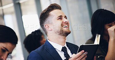 Buy stock photo Happy, businessman and seminar with book for presentation, information or knowledge at office. Man, employee or candidate with smile or notebook for meeting, lesson or staff workshop at workplace