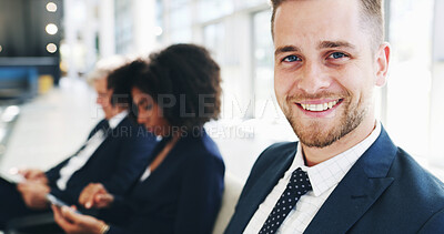 Buy stock photo Man, opportunity and interview waiting room in office, portrait and candidates for hiring. Business, male person and human resources for onboarding process, job search and line of potential employees