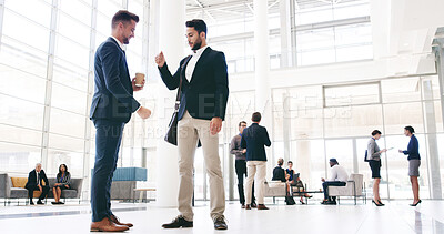 Buy stock photo Business, men or fist bump greeting at work for networking, financial expo or b2b collaboration. Introduction, people or welcome to global convention, wealth management workshop or career development