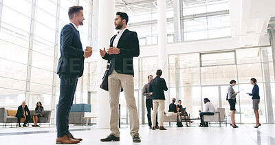 Buy stock photo Business, men and networking event in office for b2b collaboration, financial expo and startup ideas. Seminar review, people and low angle at global convention for career development and workshop