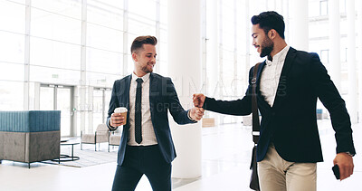 Buy stock photo Business, men and fist bump greeting in office for work arrival, goal achievement or job promotion success. Friends, employees and support with company bonus, congratulations and pride for colleague
