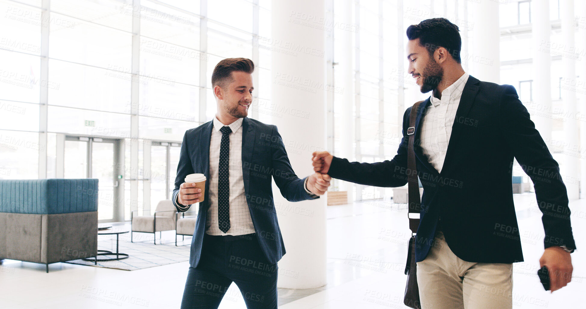 Buy stock photo Business, men and fist bump greeting in office for work arrival, goal achievement or job promotion success. Friends, employees and support with company bonus, congratulations and pride for colleague
