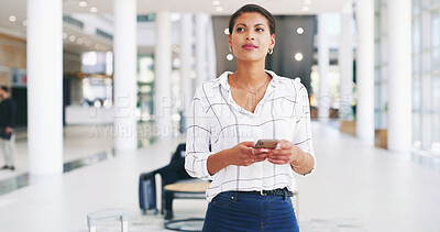 Buy stock photo Woman, thinking and planner with phone in office, event coordinator and schedule venue. Workplace, creative employee and problem solving for guest list, online and female person at agency for project