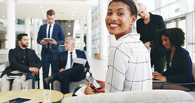 Buy stock photo Confident, meeting and portrait of businesswoman in office for negotiation on real estate law case with clients. Happy, professional and female attorney with team for legal property transaction deal.