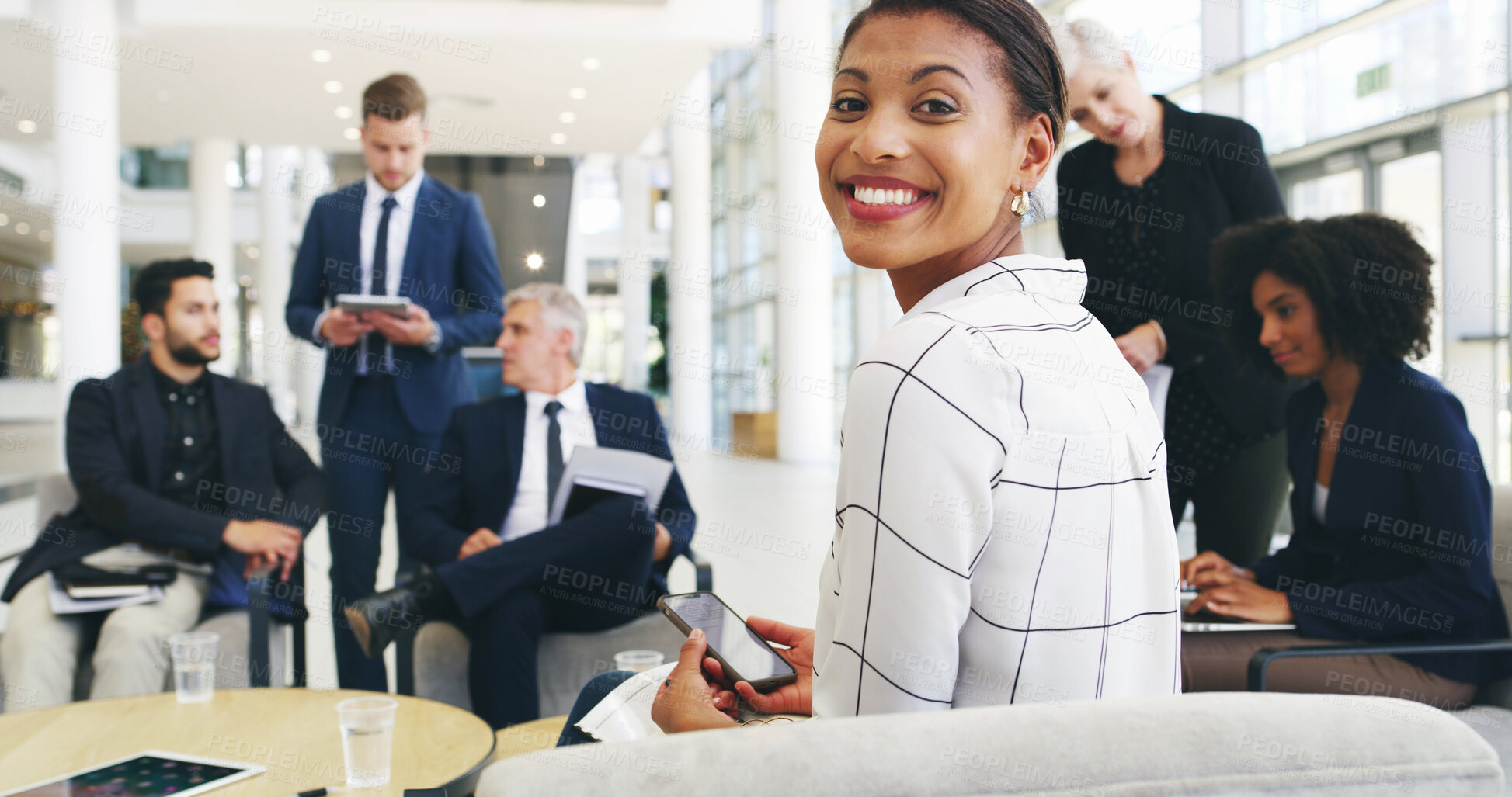 Buy stock photo Confident, meeting and portrait of businesswoman in office for negotiation on real estate law case with clients. Happy, professional and female attorney with team for legal property transaction deal.