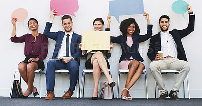 Buy stock photo Business people, speech bubble and queue for interview, portrait or smile for diversity, opinion or review. Men, women and poster with mockup space for social media, voice or recruitment at HR agency