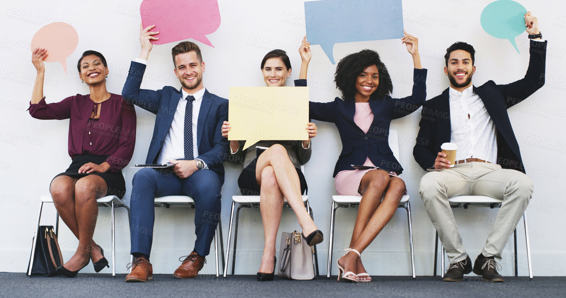 Buy stock photo Business people, speech bubble and queue for interview, portrait or smile for diversity, opinion or review. Men, women and poster with mockup space for social media, voice or recruitment at HR agency