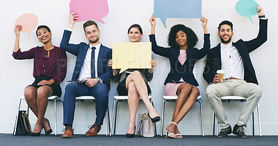 Buy stock photo Business people, speech bubble and queue for interview, portrait or smile for diversity, opinion or review. Men, women and poster with mockup space for social media, voice or recruitment at HR agency