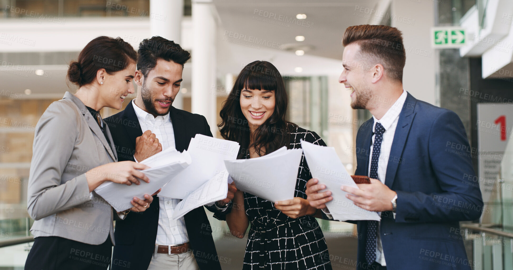 Buy stock photo Office, celebration and people with paperwork, smile and colleagues with evidence for case or paralegal. Meeting, group and team with documents in law firm, achievement or success for legal assistant