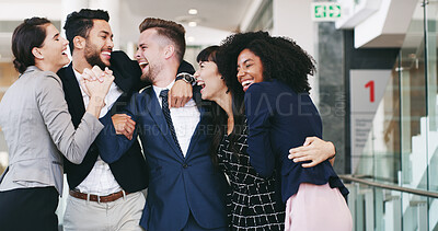 Buy stock photo Happy, hug and excited business people in office with achievement, collaboration success and solidarity. Teamwork, men and women embrace with celebration, cheers and support at development startup