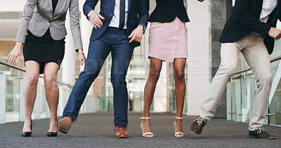 Buy stock photo Success, dance and legs of business people in office with achievement, collaboration and solidarity. Excited team, men and women with celebration, energy and synergy in lobby at development startup