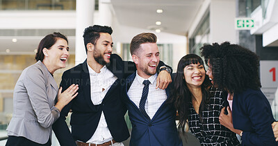 Buy stock photo Success, hug and happy business people in office with achievement, collaboration and solidarity. Teamwork, men and women embrace with excited celebration, cheers and support at development startup