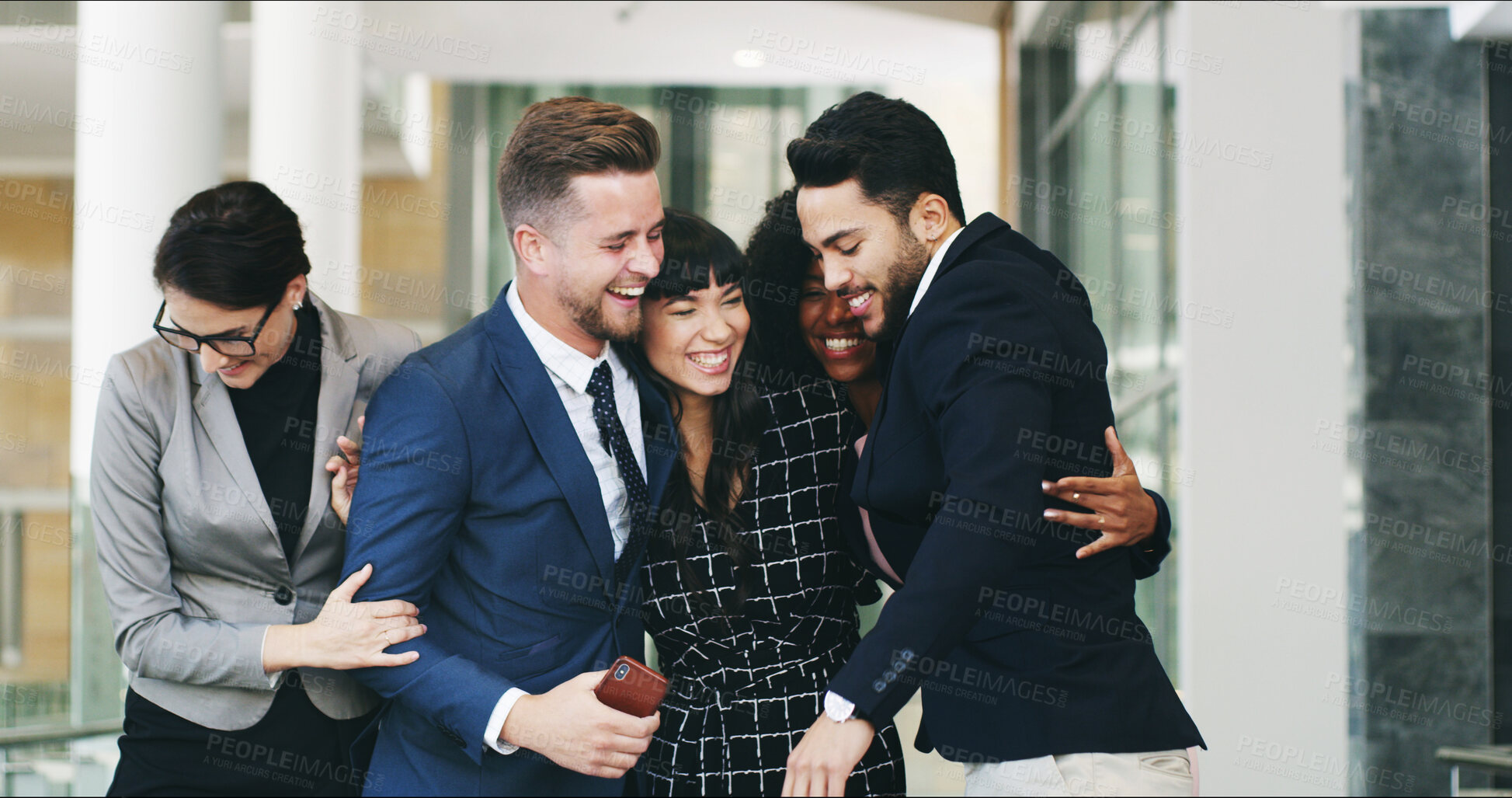Buy stock photo Success, hug and excited business people in office with achievement, collaboration and solidarity. Happy teamwork, men and women embrace with celebration, cheers and support at development startup