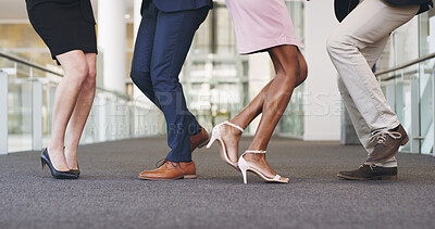 Buy stock photo Success, dance and business people on office floor with achievement, collaboration and solidarity. Team, men and women with feet in celebration, energy and synergy in lobby at development startup