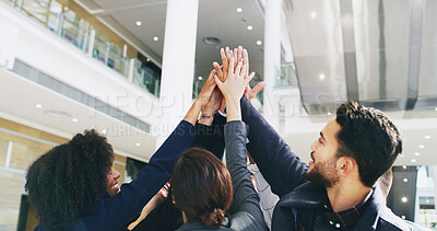 Buy stock photo Business people, high five and circle for goals in office, motivation support and synergy huddle. Employees, team building and together for company bonding, about us and partnership in workplace