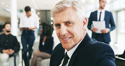 Buy stock photo Happy, meeting and portrait of mature businessman in office for negotiation on real estate law case with clients. Confident, professional and attorney with team for legal property transaction deal.