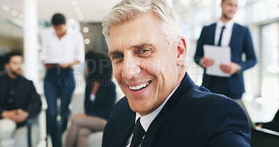 Buy stock photo Happy, collaboration and portrait of mature businessman in office for negotiation on real estate law case. Confident, professional and male attorney with team for legal property transaction deal.