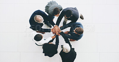 Buy stock photo Business people, above and circle with stack, hands and motivation with link, connection and support. Men, women and lawyer team in scrum with synergy, diversity and commitment in office at law firm