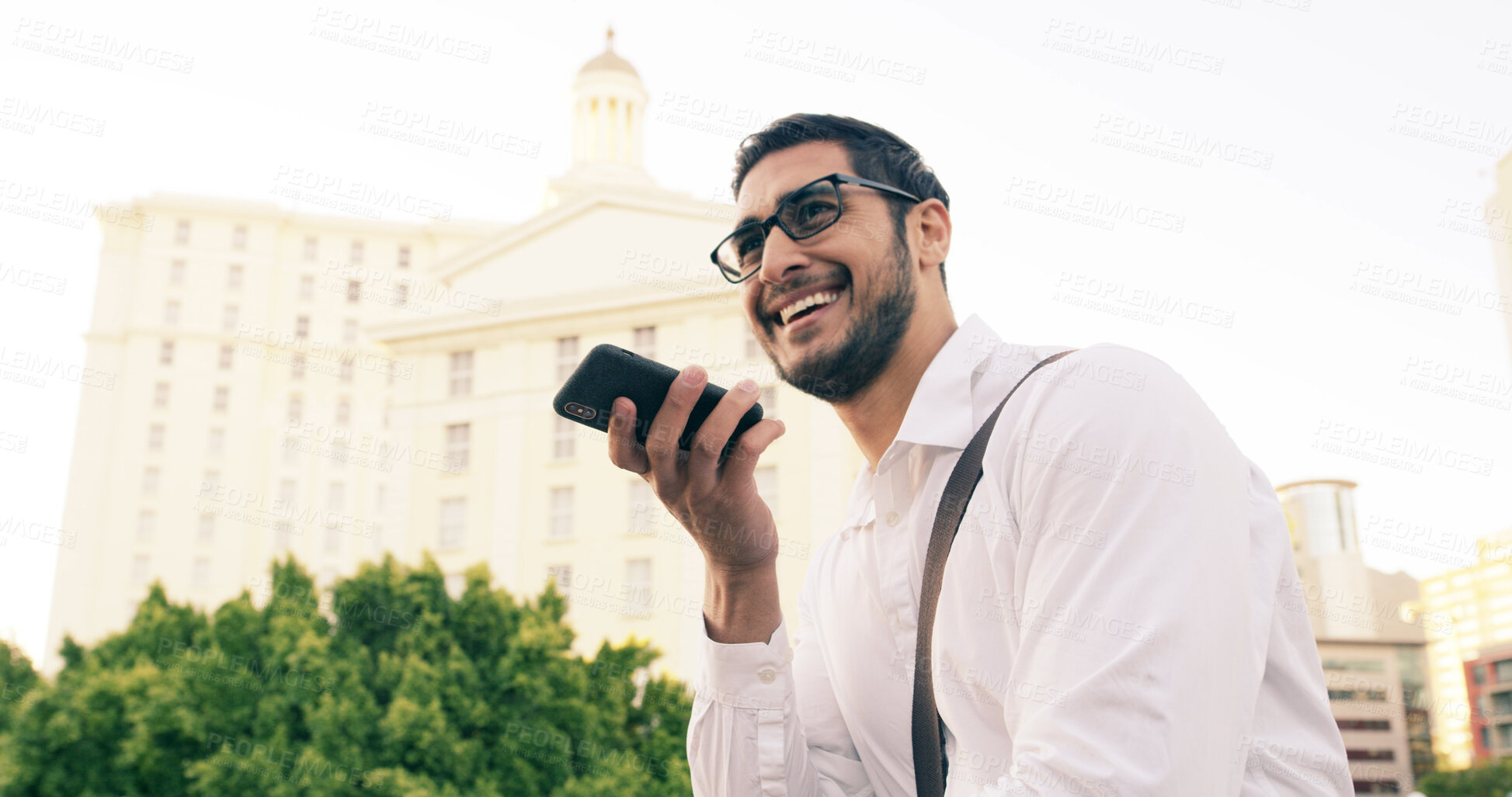 Buy stock photo City, phone call and travel with man speaker outdoor for communication or work conversation. Business contact, voice memo and opportunity, happy employee person in urban town for commute or update