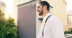 Walking, smile and business man in city for commercial real estate, corporate property developer or commute. Urban venture, professional and travel with profile of person outdoors for company listing