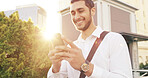 Happy, businessman and walking with phone in city for social media, job search or career opportunity. Man, tourist or traveler with smile on mobile smartphone for online app or local commute in town