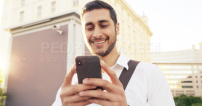 Buy stock photo Happy, businessman and typing with phone in city for communication, online texting or chatting. Man, tourist or traveler with smile on mobile smartphone for network, connectivity or app in urban town