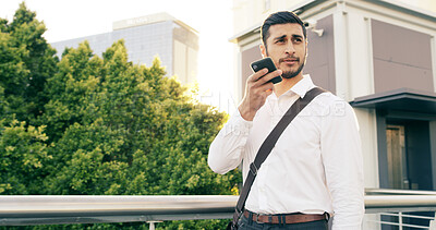 Buy stock photo City, phone call and thinking with business man outdoor for communication or travel to work. Bridge, conversation and vision with serious employee person in urban town for inspiration or update