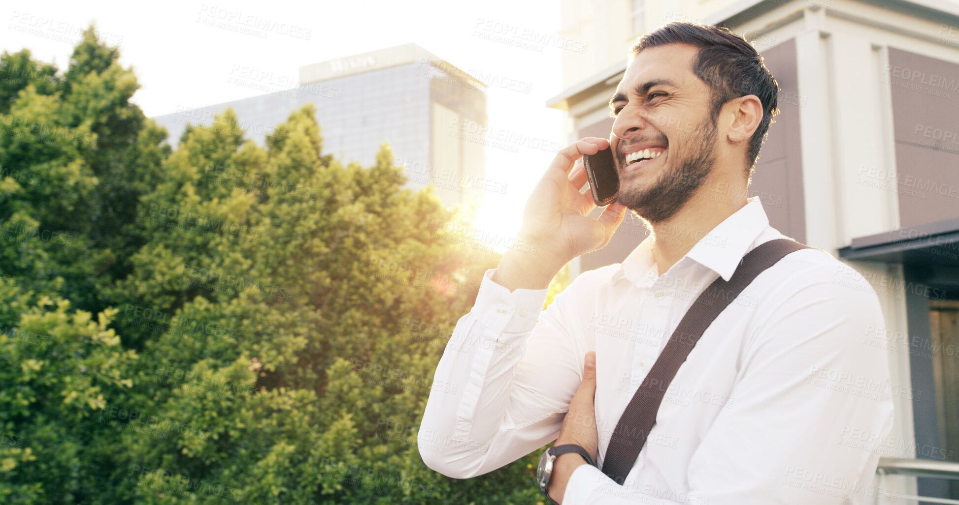 Buy stock photo City, laughing and phone call with business man outdoor for communication or travel to work. Contact, conversation and funny with employee person talking in urban town for inspiration or update