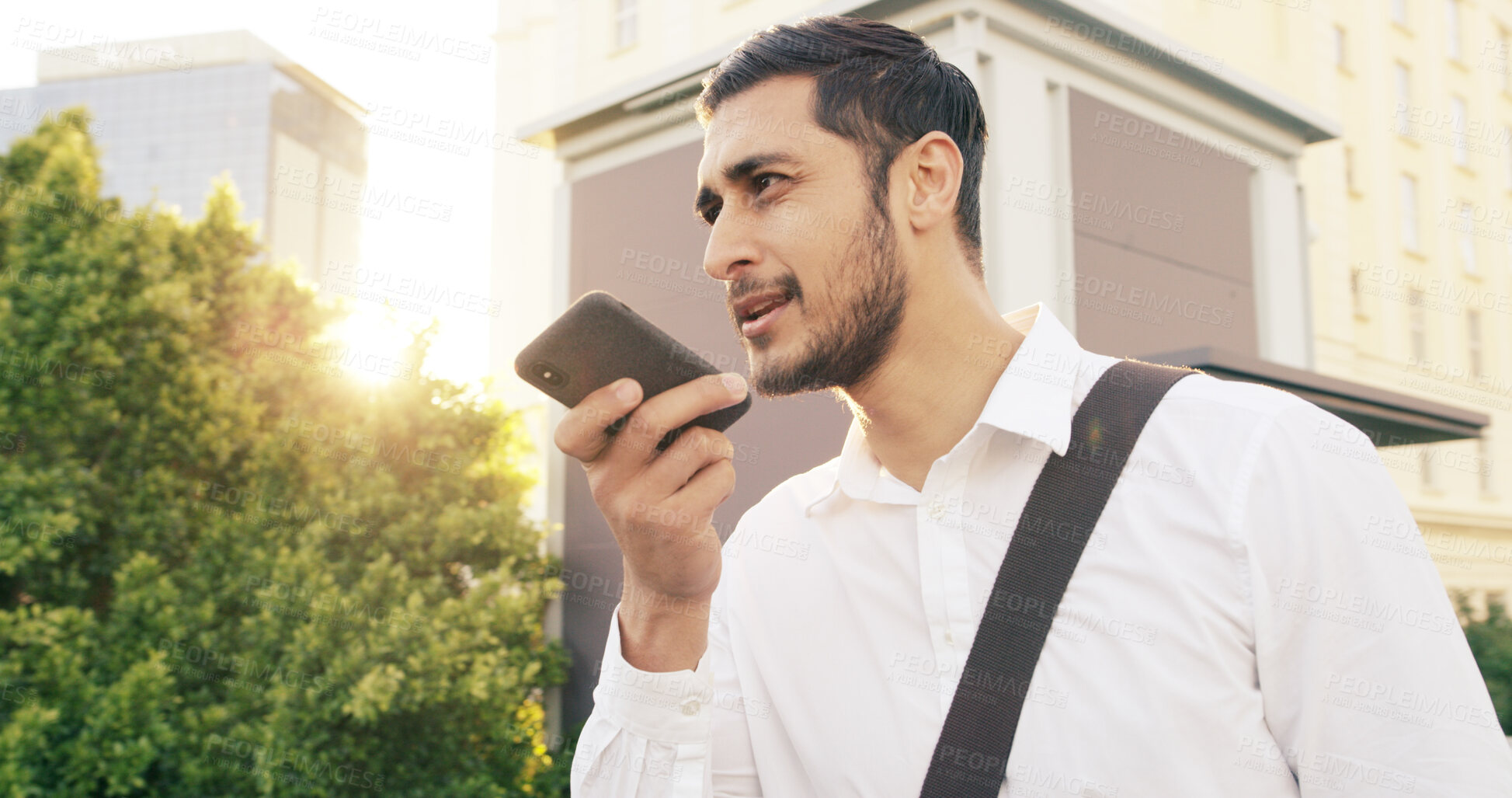 Buy stock photo City, commute and voice note with business man outdoor for communication or travel to work. Contact, memo and phone call with employee person recording message in urban town for inspiration or update