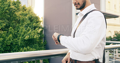 Buy stock photo Businessman, hands and walking with watch for time, morning commute or travel schedule in city. Closeup, man or traveler with wristwatch to keep track for date, deadline or punctuality in urban town