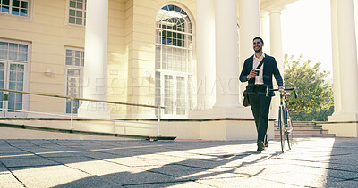 Buy stock photo Happy, businessman and walking with bicycle for morning commute, travel or transport to work in city. Man, employee or traveler with smile, coffee or bike for local business or eco friendly ride
