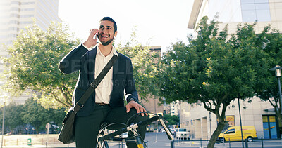 Buy stock photo City, cycling and phone call with business man outdoor for communication or travel to work. Bike, carbon footprint and contact with happy employee person in urban town for inspiration or update